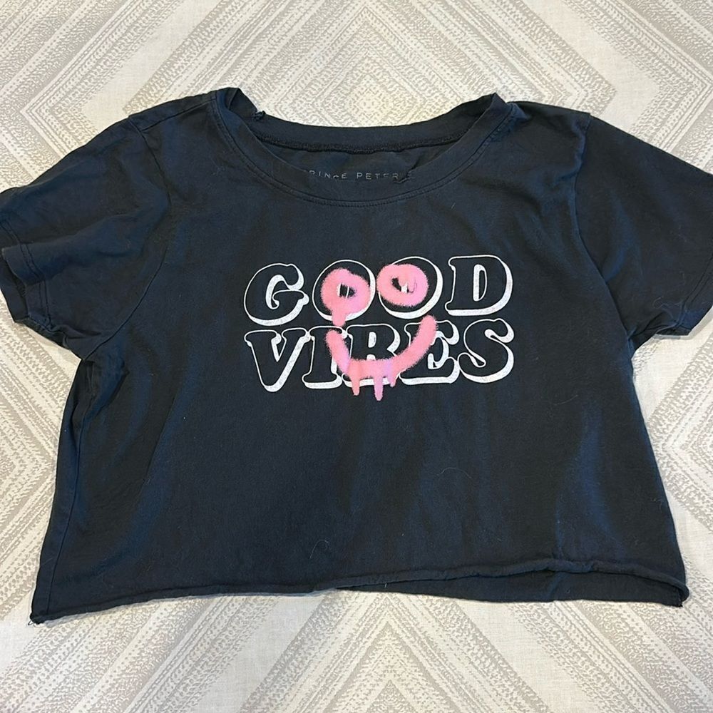 Prince Peter Girls ‘Good Vibes’ Black Cropped Uncut Hem T-Shirt - Size XL